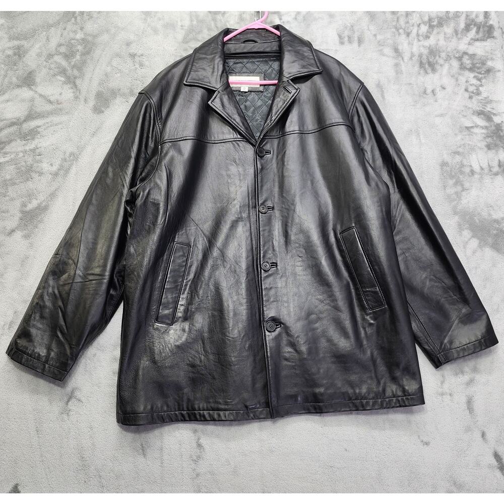 Vintage Bert Pulitzer Coat Mens XL Black Leather Thermolite Zip Out Liner Button